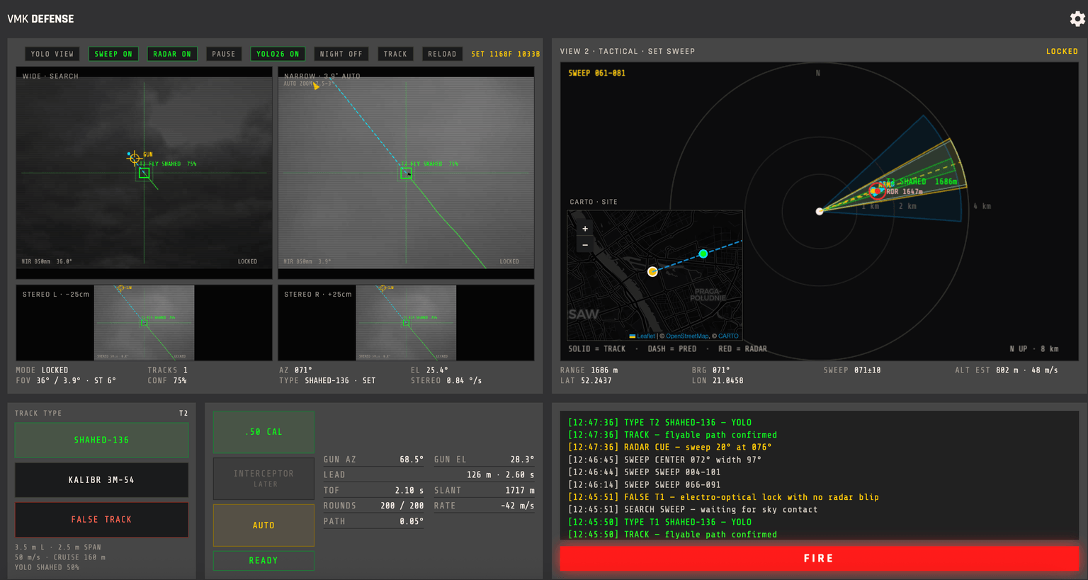 Operator console: infrared search and narrow views, stereo pair, tactical map with a search sector, and one locked track