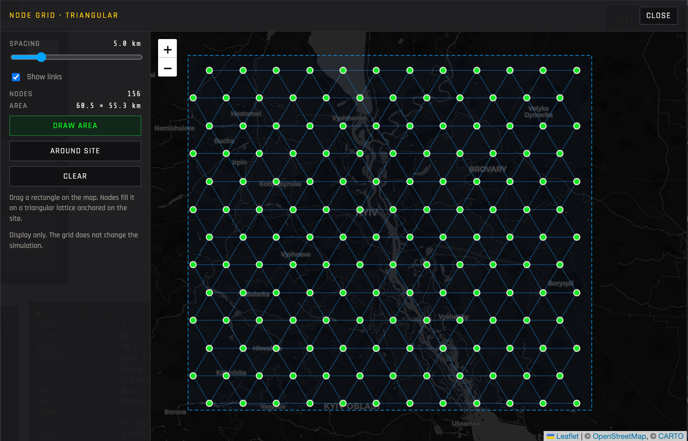Rectangular node grid over a city: nodes on a triangular lattice at 5 km spacing
